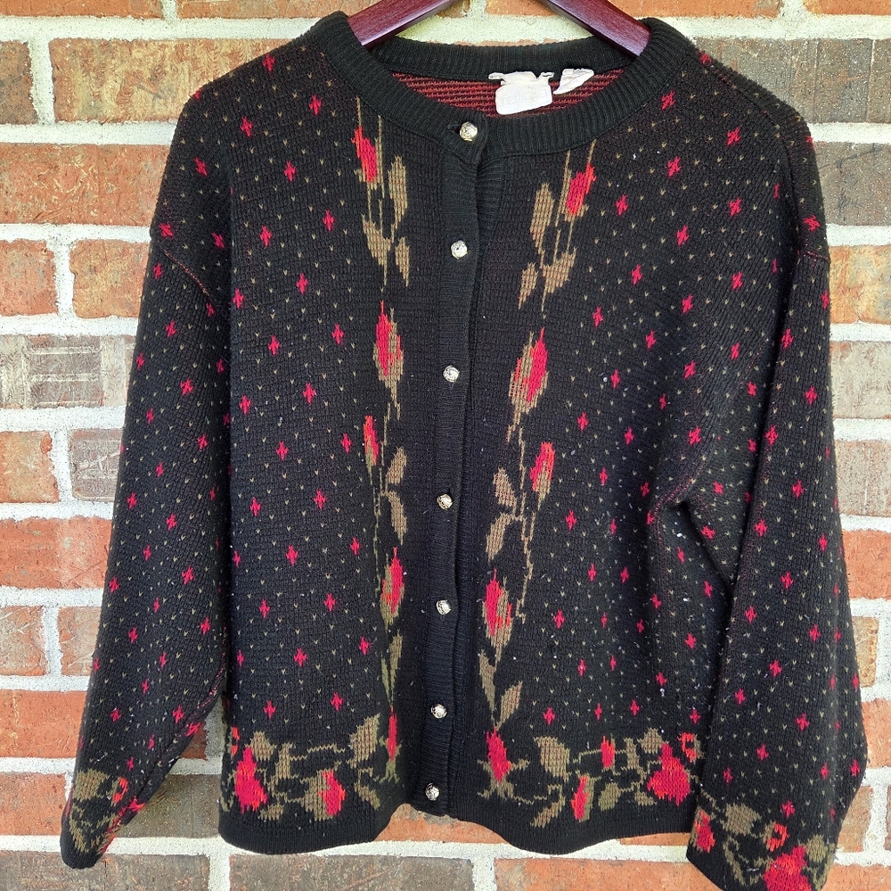 Vintage Felicia Black, Green & Red Cardigan Rose Sweater W/ Metal Rose Buttons M